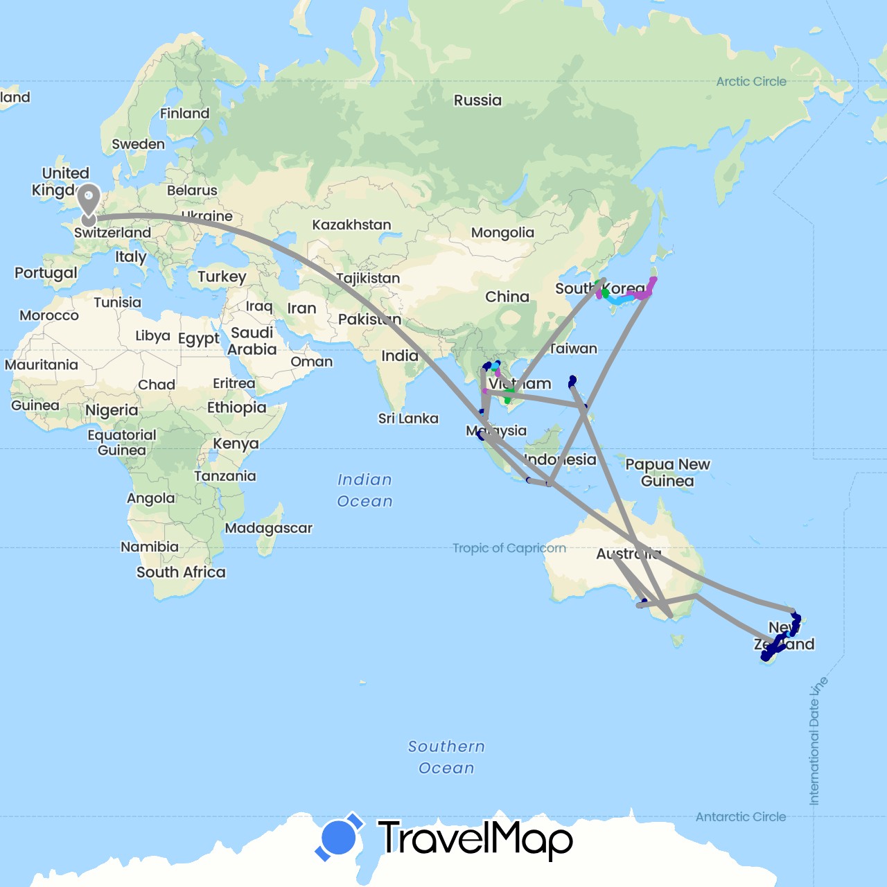 TravelMap itinerary: driving, bus, plane, train, hiking, boat in Australia, France, Indonesia, Japan, Cambodia, South Korea, Laos, New Zealand, Philippines, Singapore, Thailand (Asia, Europe, Oceania)