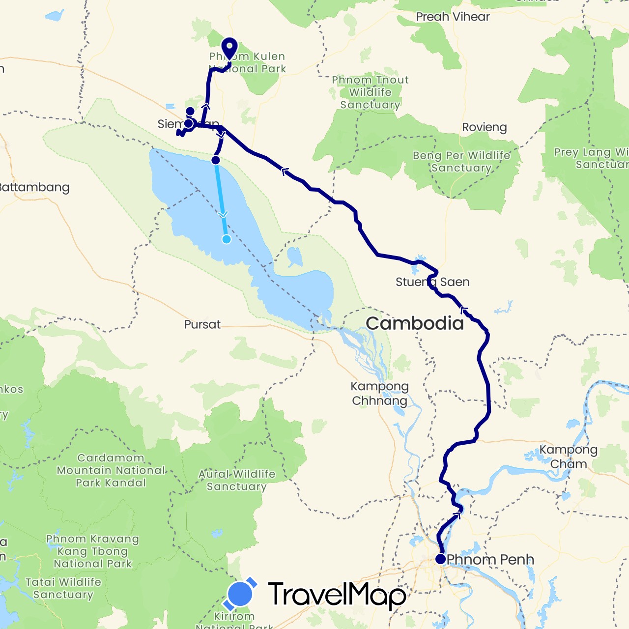 TravelMap itinerary: driving, boat in Cambodia (Asia)